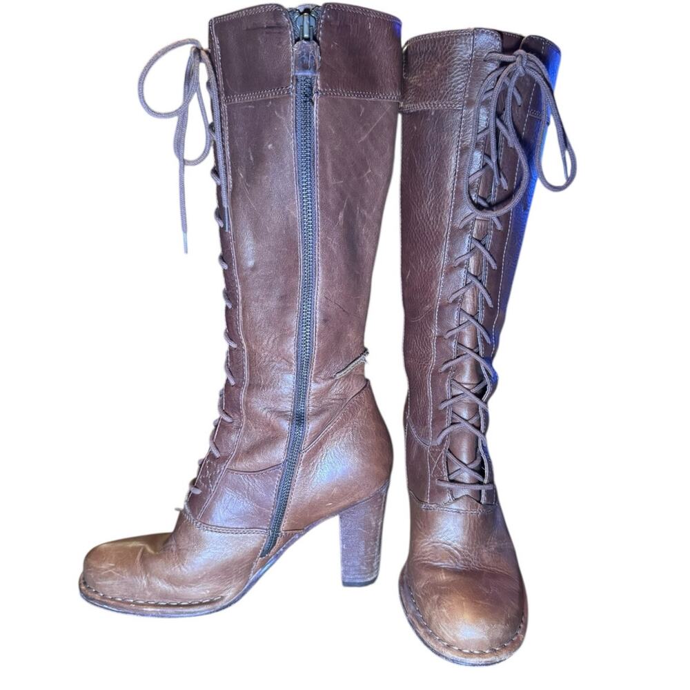 Frye Brown Leather Lace-Up Knee-High Heeled Boots